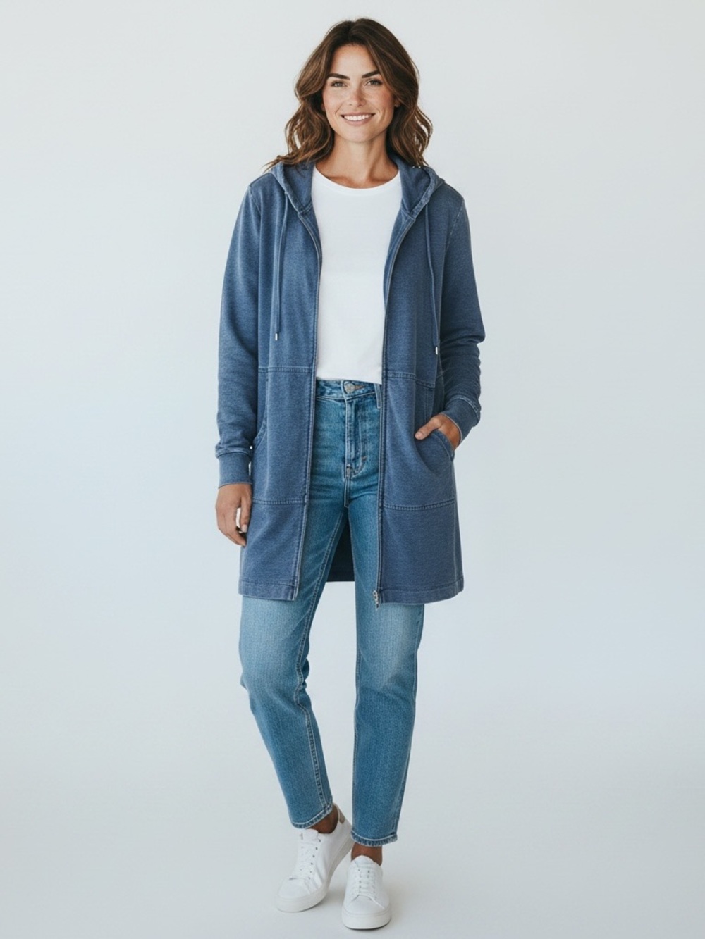 Jill Pure Jill Indigo Longline Hooded Knit Jacket Denim Blue Zip Up Size XS Fall